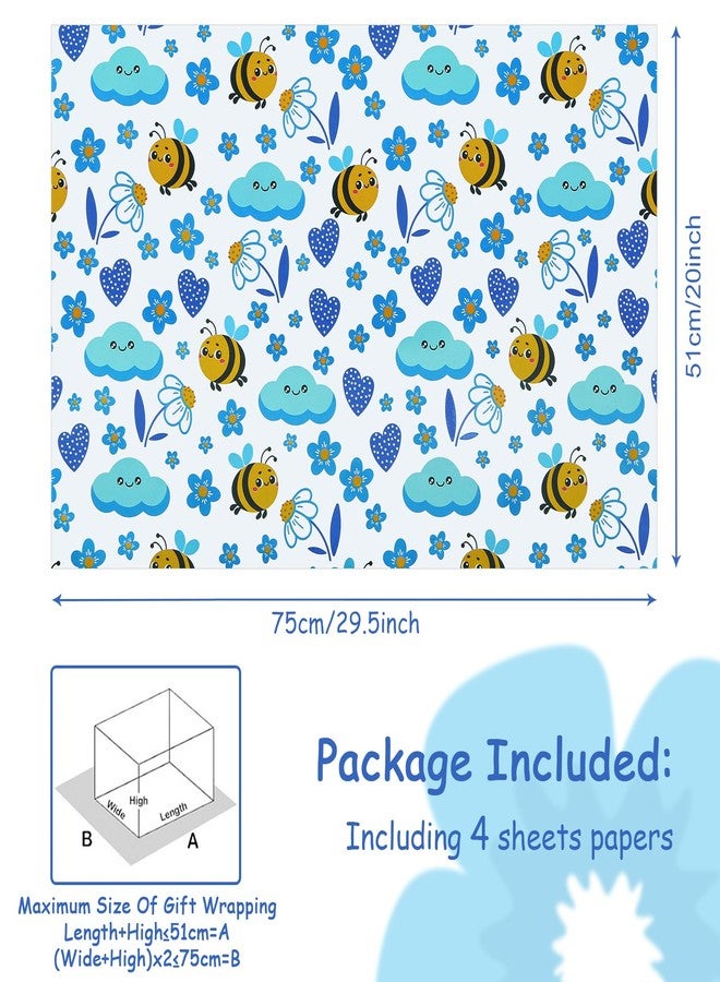 Boerni Bee Gift Wrapping Paper for Kids Girls Boys, Lovely Blue Designs Flowers Cloud Heart Bee Patterns, Spring Summer BumbleBee Folded Flat Gift Wrap Paper for Baby Shower Birthday Holiday Art Paper - Image 2